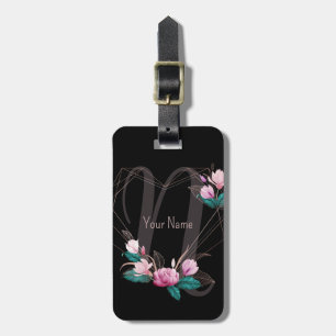 Monogram Name Pink Floral Geometric Frame Black Luggage Tag