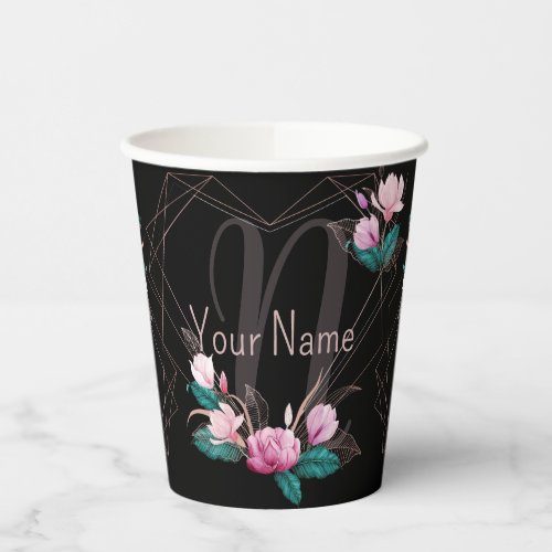 Monogram NamePink Floral Geometric Frame Black Paper Cups