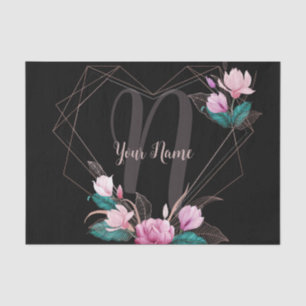 Monogram Name Pink Floral Geometric Frame Black Tissue Paper