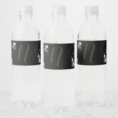 Monogram NamePink Floral Geometric Frame Black Water Bottle Label