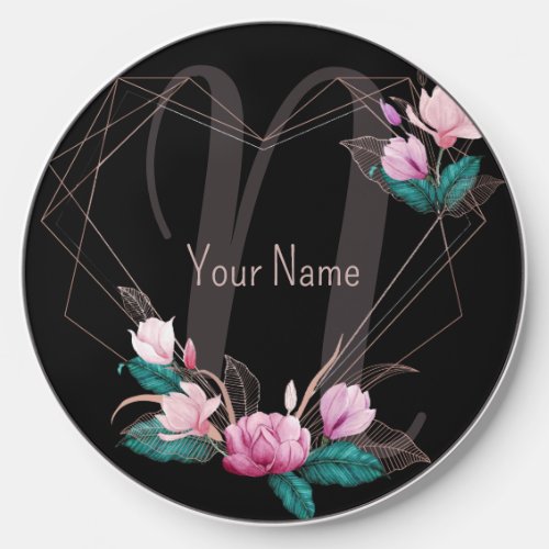 Monogram NamePink Floral Geometric Frame Black Wireless Charger