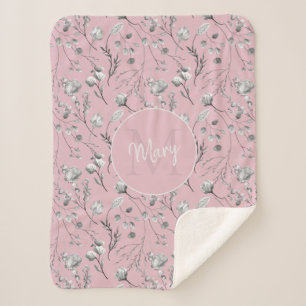 Monogram name pink floral personalized sherpa blanket