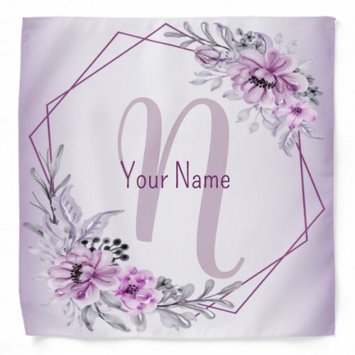 Monogram Name Pink Floral Violet Purple Frame Bandana