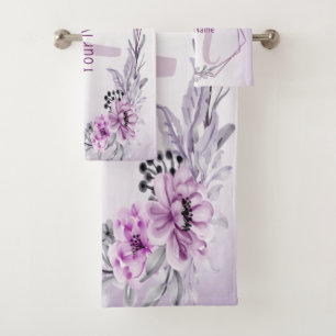 Monogram Name Pink Floral Violet Purple Frame Bath Towel Set