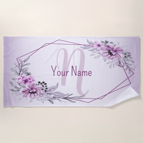 Monogram Name Pink Floral Violet Purple Frame Beach Towel