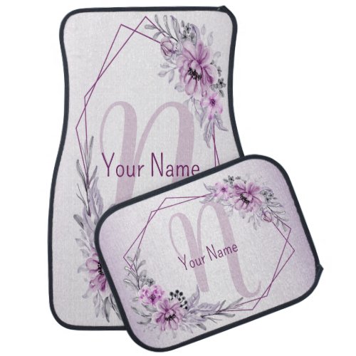 Monogram Name Pink Floral Violet Purple Frame Car Floor Mat