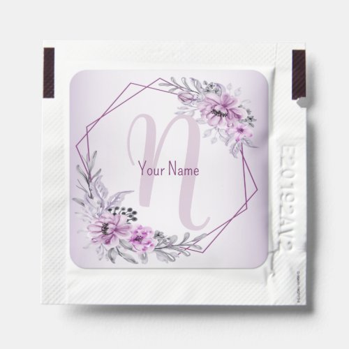Monogram Name Pink Floral Violet Purple Frame Hand Sanitizer Packet