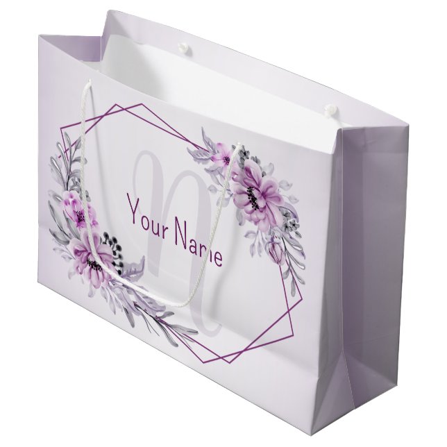 Monogram Name Pink Floral Violet Purple Frame Large Gift Bag (Front Angled)
