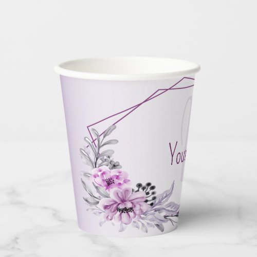 Monogram Name Pink Floral Violet Purple Frame Paper Cups