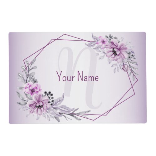 Monogram Name Pink Floral Violet Purple Frame Placemat