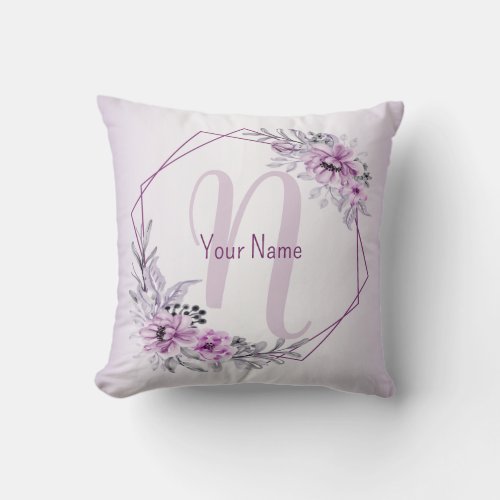 Monogram Name Pink Floral Violet Purple Frame Throw Pillow