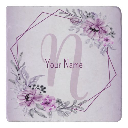 Monogram Name Pink Floral Violet Purple Frame Trivet