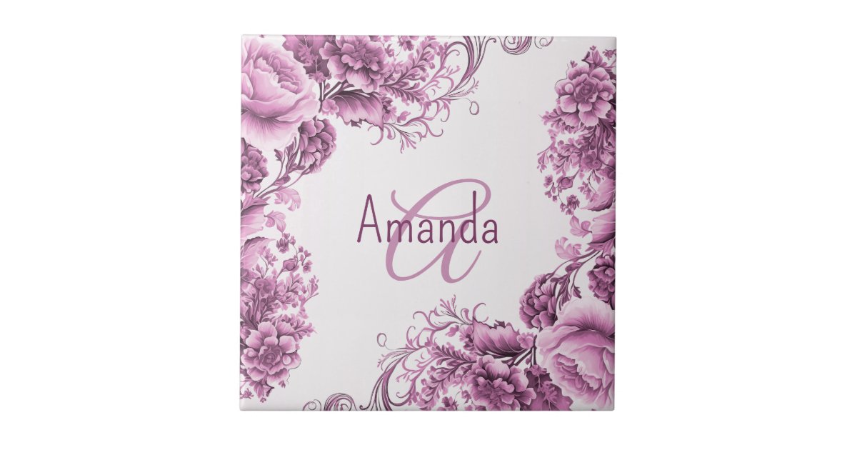 Monogram Name Pink White Flowers Watercolor Silver Ceramic Tile