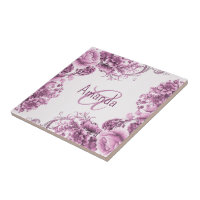 Monogram Name Pink White Flowers Watercolor Silver Ceramic Tile