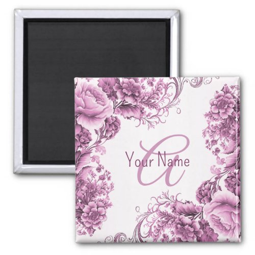 Monogram Name Pink Flowers Frame Elegant Modern Magnet