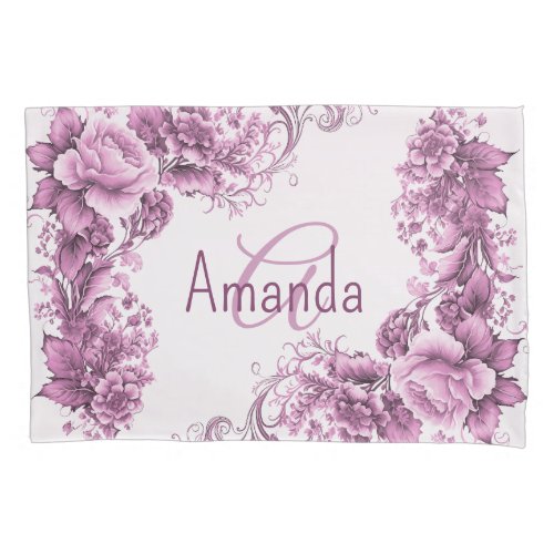 Monogram Name Pink Flowers Frame Elegant Modern Pillow Case