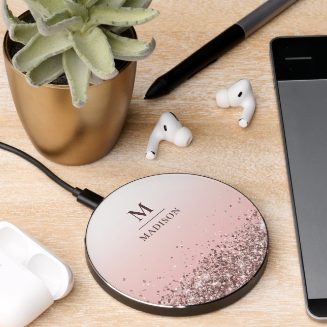 Monogram Name Pink Glitter Stylish Monogrammed Wireless Charger (Desk 2)