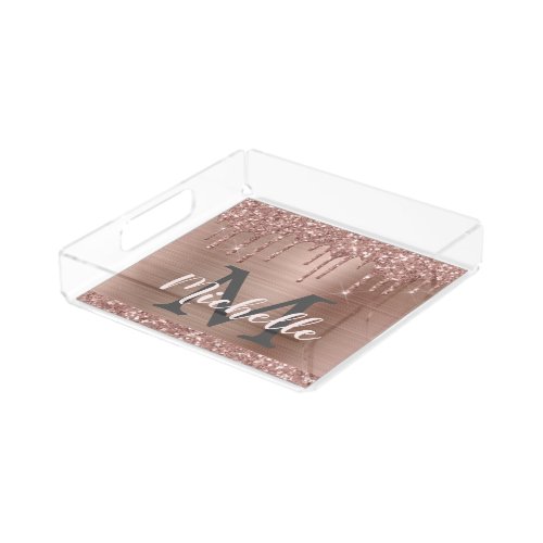 Monogram Name Pink Gold Glitter Drips Pink Metal Acrylic Tray