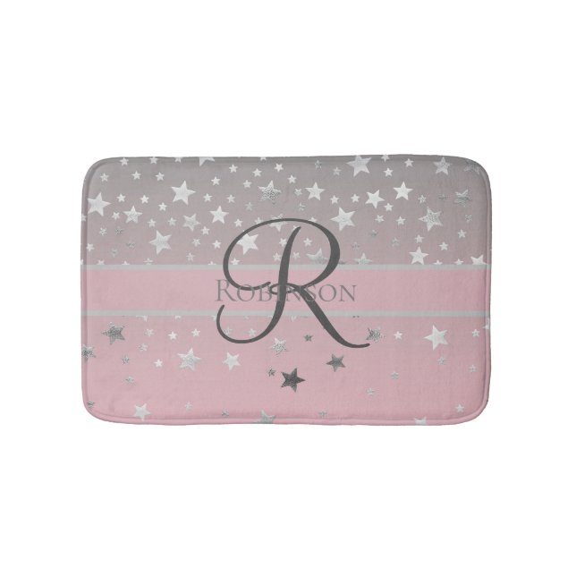Monogram Name Pink Gray Silver Stars Trendy  Bath Mat (Front)