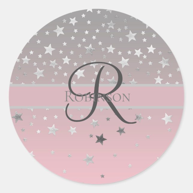 Monogram Name Pink Gray Silver Stars Trendy   Classic Round Sticker (Front)