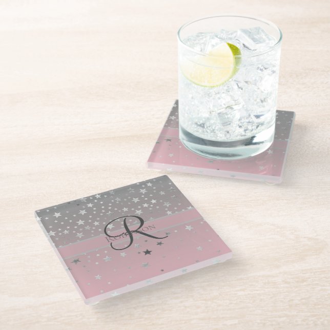 Monogram Name Pink Gray Silver Stars Trendy  Glass Coaster (Angled)