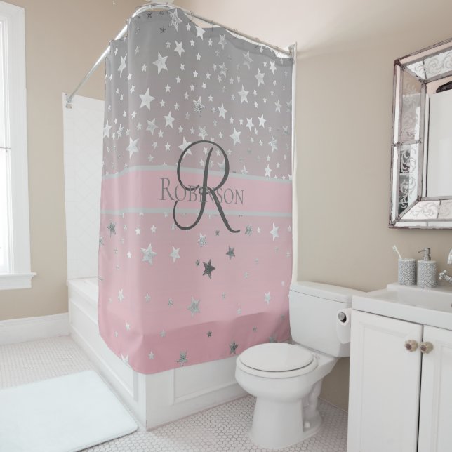 Monogram Name Pink Gray Silver Stars Trendy Shower Curtain (In Situ)