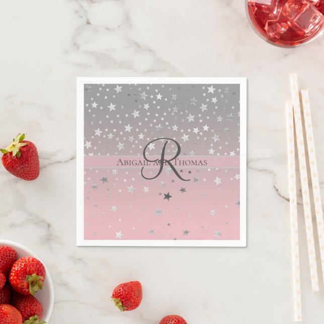 Monogram Name Pink Gray Silver Stars Wedding Napkins (Insitu)