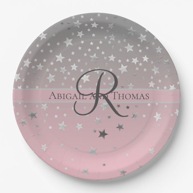 Monogram Name Pink Gray Silver Stars Wedding Paper Plates (Front)