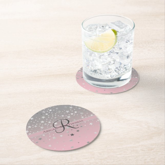 Monogram Name Pink Gray Silver Stars Wedding Round Paper Coaster (Insitu)