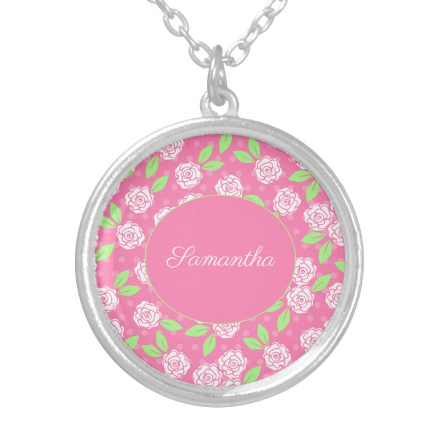 Monogram Name Pink Green Floral Script Calligraphy Silver Plated Necklace (Front)