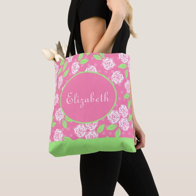 Monogram name Pink Green Shabby Chic Floral Tote Bag (Close Up)