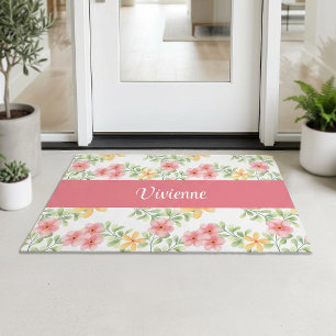 Monogram Name Pink Green Watercolor Wildflower Doormat