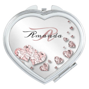 Monogram Name Pink Peach Shiny Hearts Geometric Compact Mirror