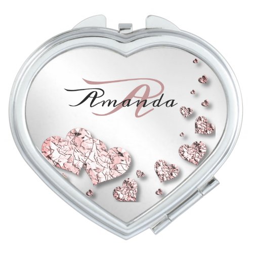 Monogram Name Pink Peach Shiny Hearts Geometric Compact Mirror