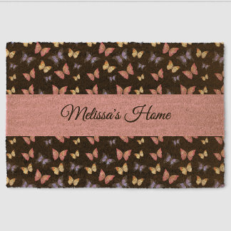 Monogram Name Pink Purple Butterflies Fiber Doormat