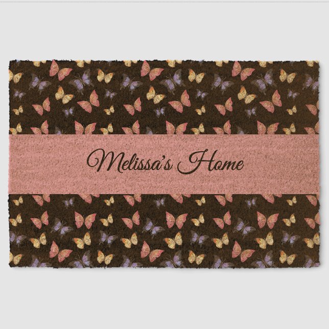 Monogram Name Pink Purple Butterflies Fiber Doormat (Front)