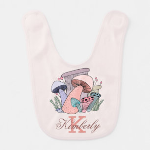 Monogram Name Pink Purple Green Mushroom Baby Bib