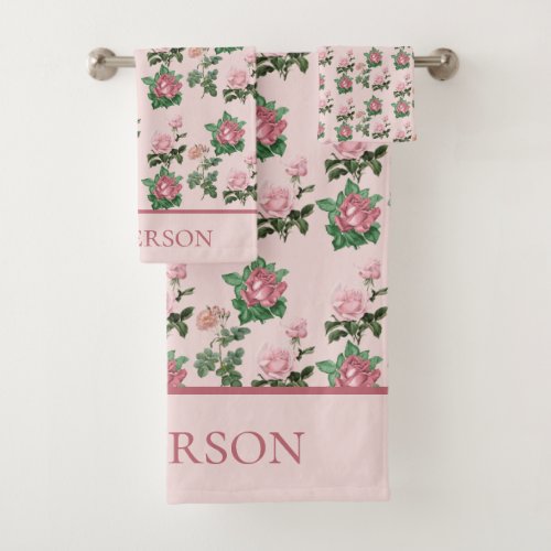 Monogram Name Pink Roses Floral Shabby Chic Bath Towel Set