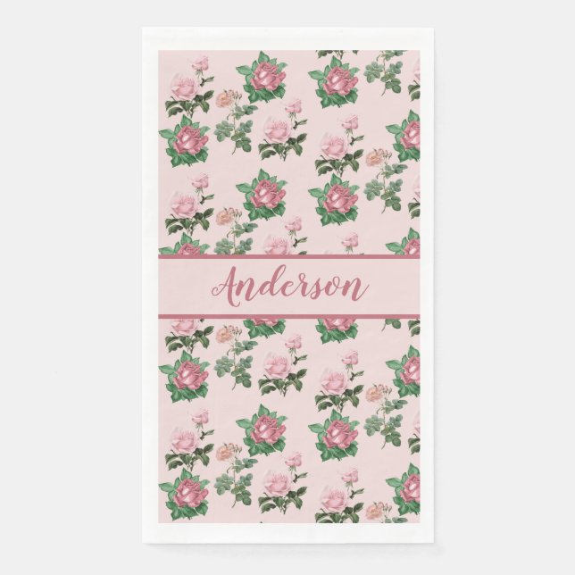 Monogram Name Pink Roses Floral Shabby Chic Paper Guest Towels (Front)