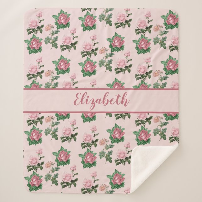 Monogram Name Pink Roses Floral Shabby Chic Sherpa Blanket (Front)