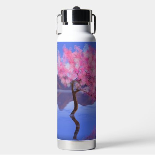Monogram Name Pink Tree Lake Landscape Custom Water Bottle