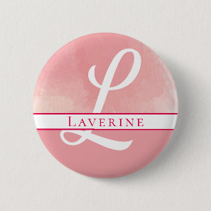 Monogram Name Pink Watercolor Button