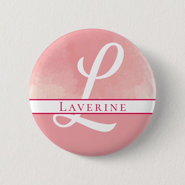 Monogram Name Pink Watercolor Button (Front)