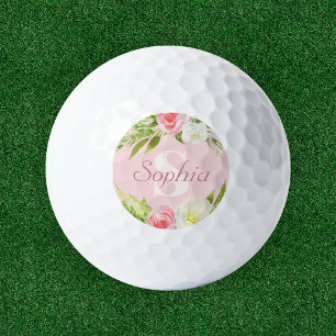Monogram Name Pink Watercolor Floral Golf Balls
