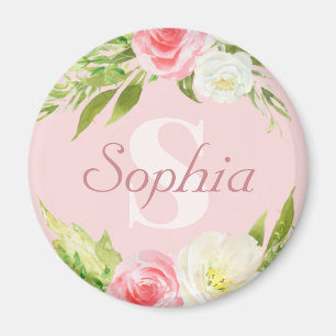 Monogram Name Pink Watercolor Floral Magnet