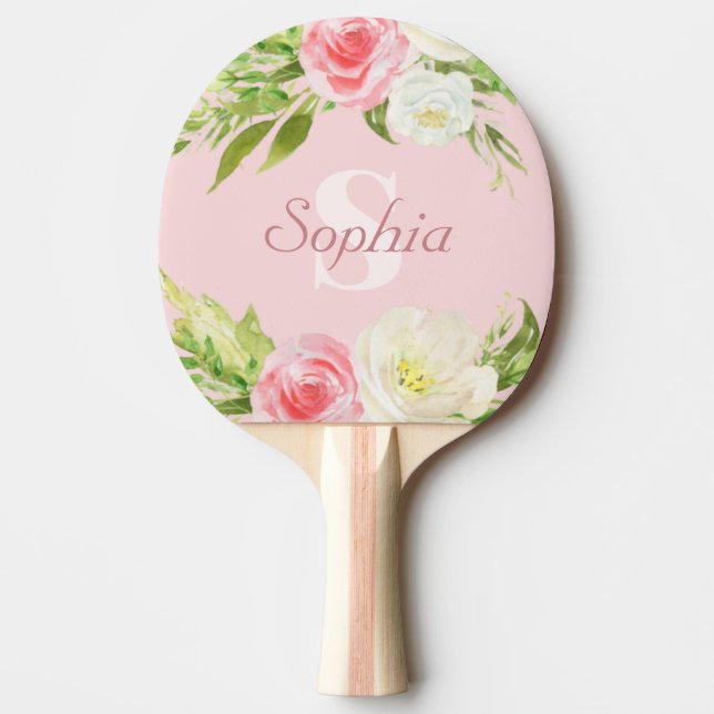Monogram Name Pink Watercolor Floral Ping Pong Paddle (Front)