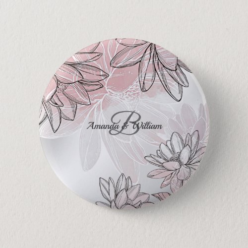 Monogram Name Pink White Flowers Watercolor Silver Button