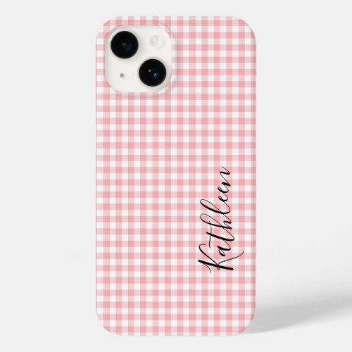 Monogram Name Pink White Gingham Check Plaid Case_Mate iPhone 14 Case