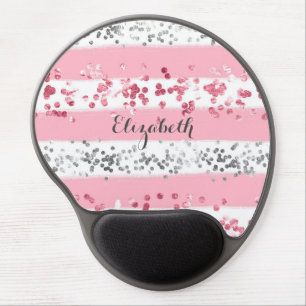 Monogram Name Pink White Gray Glitter Girly Trendy Gel Mouse Pad
