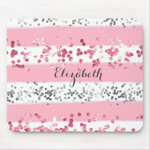 Monogram Name Pink White Gray Glitter Girly Trendy Mouse Pad